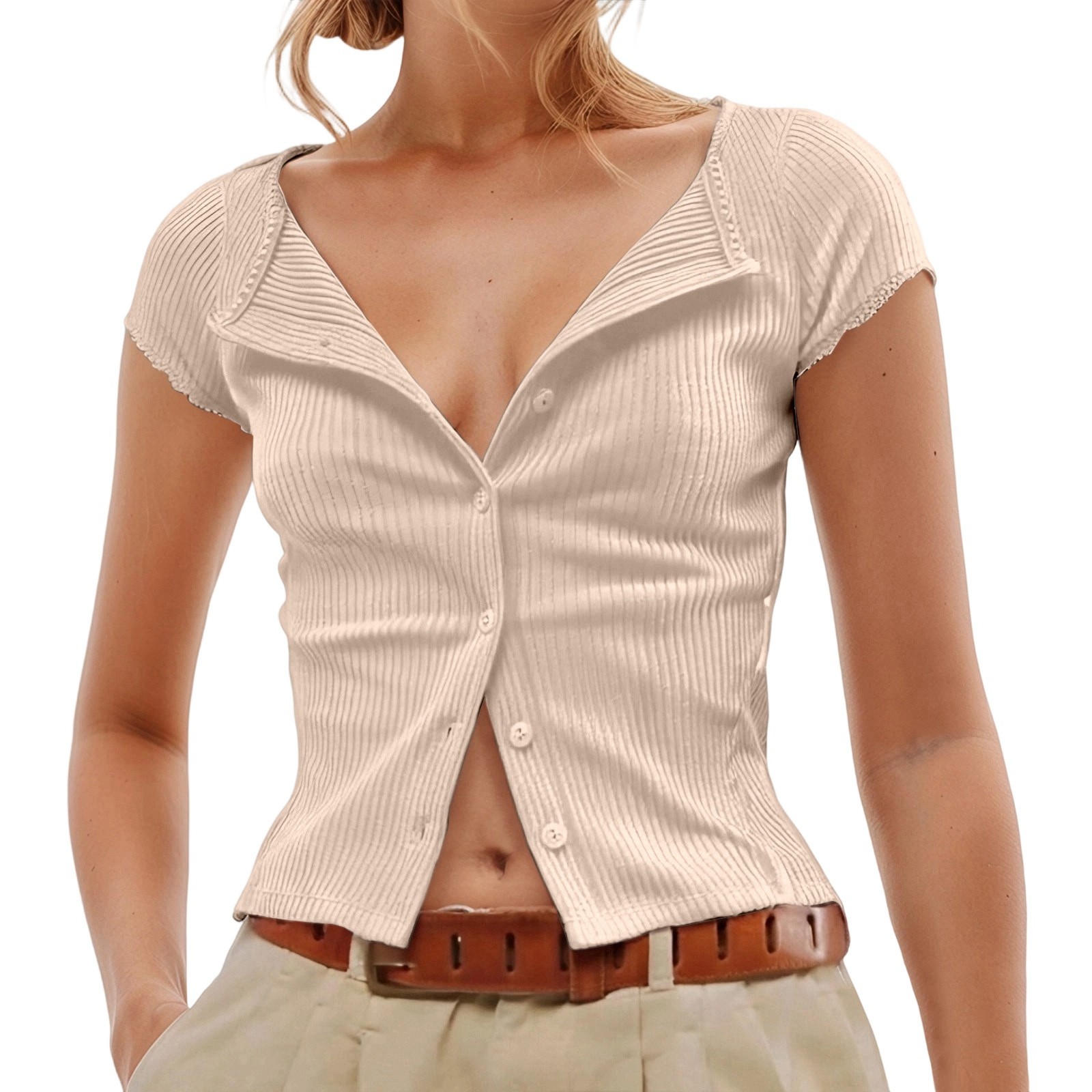 thumbnail image 2 of Cardigan de manga corta con botones y canalé para mujer: color liso, tejido elástico, versátil para combinar, ajuste cómodo, tallas disponibles de XS a XL, 2 of 3